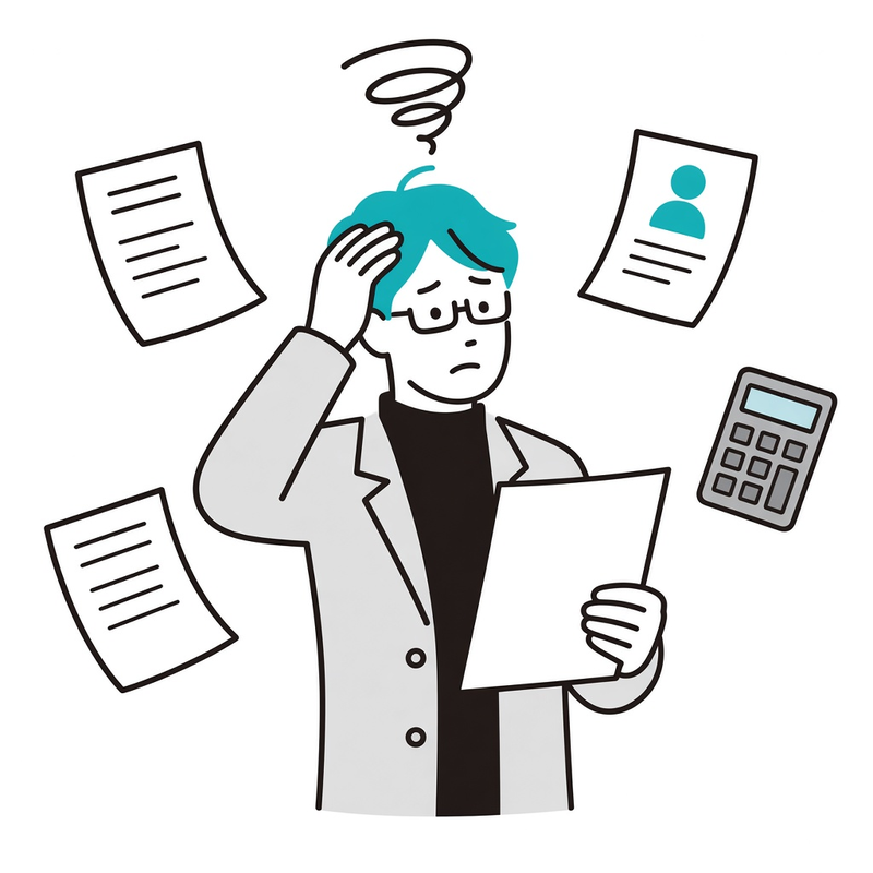 履歴書や求人票、電卓を前に、採用に悩んで頭を抱える院長のイラスト